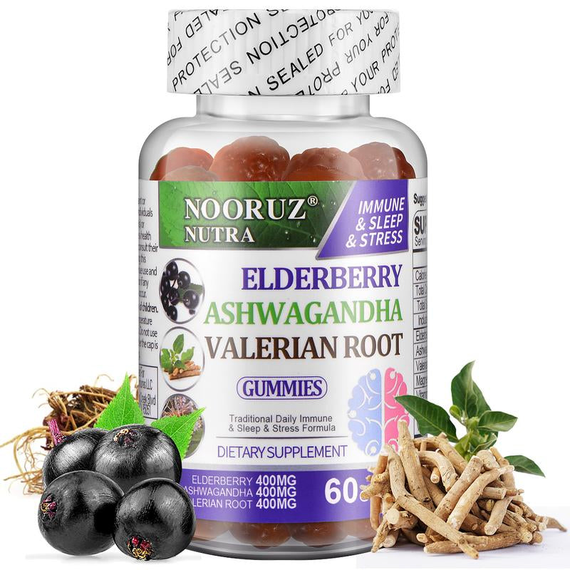 NOORUZ Vegan Ashwagandha, Elderberry, and Valerian Root Gummies - Plant-Based Extracts, Non-GMO, Gluten-Free, Gelatin-Free, Supports Healthy Cortisol Levels