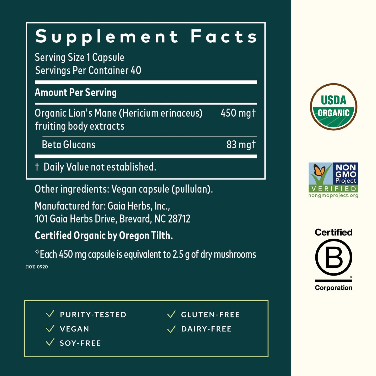 , Lion'S Mane Mushroom, Organic & Sustainably Sourced, Brain & Nerve Support, No Grain & Rice Fillers, Vegan Herbal Supplement, 40-Count