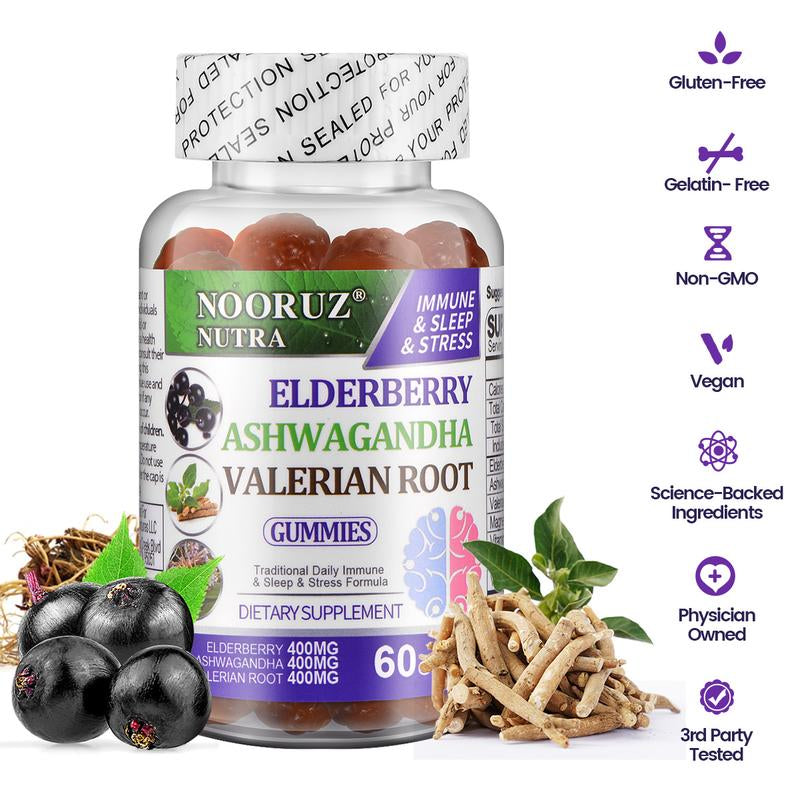 NOORUZ Vegan Ashwagandha, Elderberry, and Valerian Root Gummies - Plant-Based Extracts, Non-GMO, Gluten-Free, Gelatin-Free, Supports Healthy Cortisol Levels