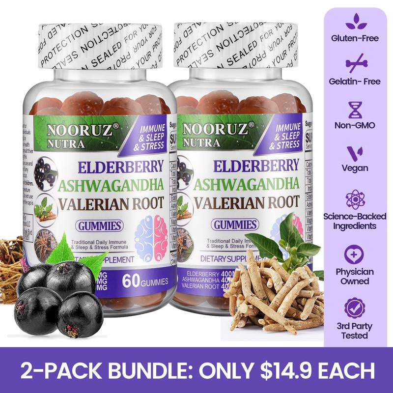 NOORUZ Vegan Ashwagandha, Elderberry, and Valerian Root Gummies - Plant-Based Extracts, Non-GMO, Gluten-Free, Gelatin-Free, Supports Healthy Cortisol Levels
