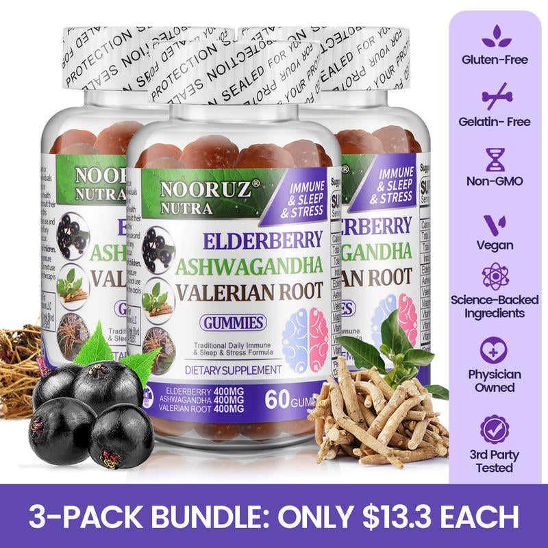 NOORUZ Vegan Ashwagandha, Elderberry, and Valerian Root Gummies - Plant-Based Extracts, Non-GMO, Gluten-Free, Gelatin-Free, Supports Healthy Cortisol Levels