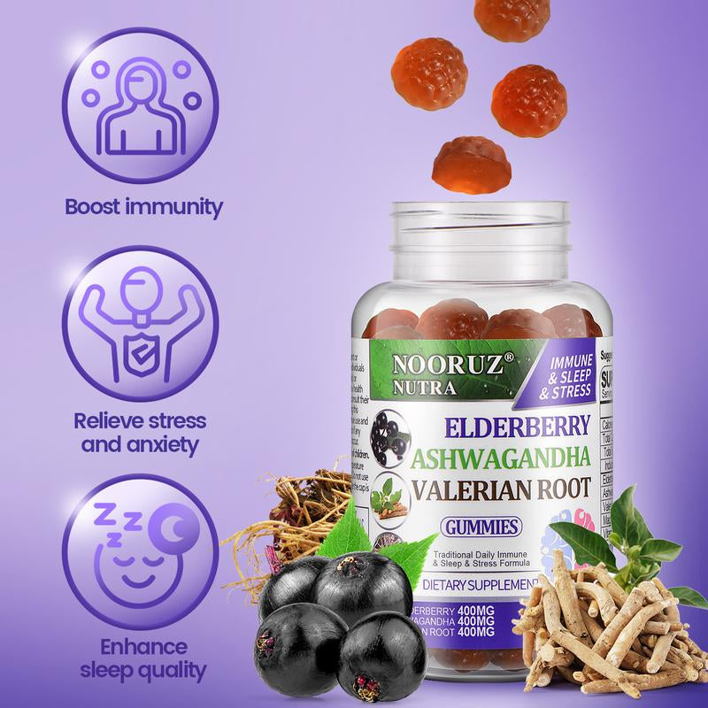 NOORUZ Vegan Ashwagandha, Elderberry, and Valerian Root Gummies - Plant-Based Extracts, Non-GMO, Gluten-Free, Gelatin-Free, Supports Healthy Cortisol Levels