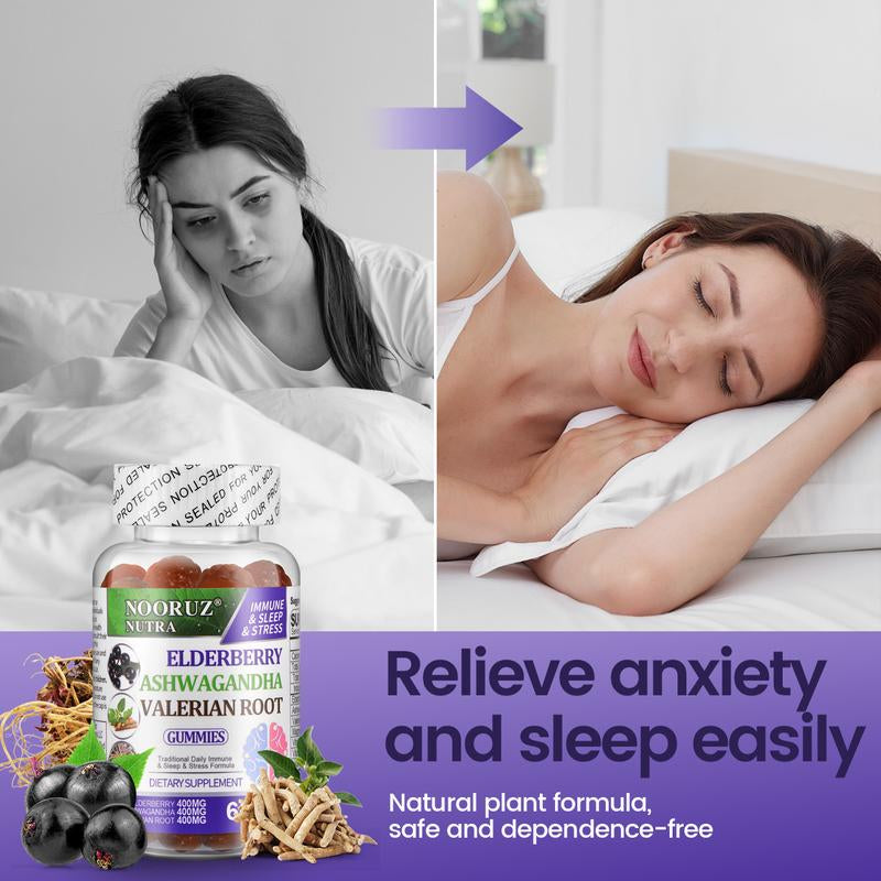 NOORUZ Vegan Ashwagandha, Elderberry, and Valerian Root Gummies - Plant-Based Extracts, Non-GMO, Gluten-Free, Gelatin-Free, Supports Healthy Cortisol Levels